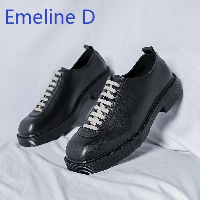 

Business Lace Up Casual Leather Shoes Fashionable British Style Square Toe Design Height Increasing Versatile Flat Shoes