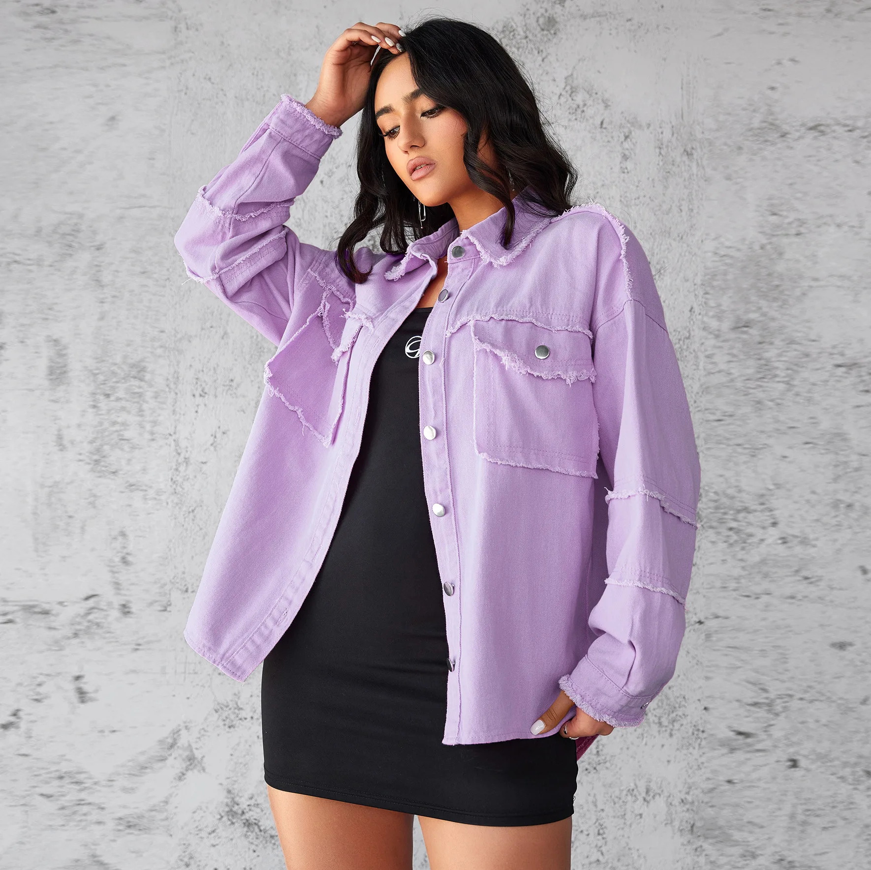 Women Colorful Frayed Denim Shacket Oversized Lapel Long Sleeve Button Up Raw Seam Patch Pocket Casual Street Shirt Jacket Coat