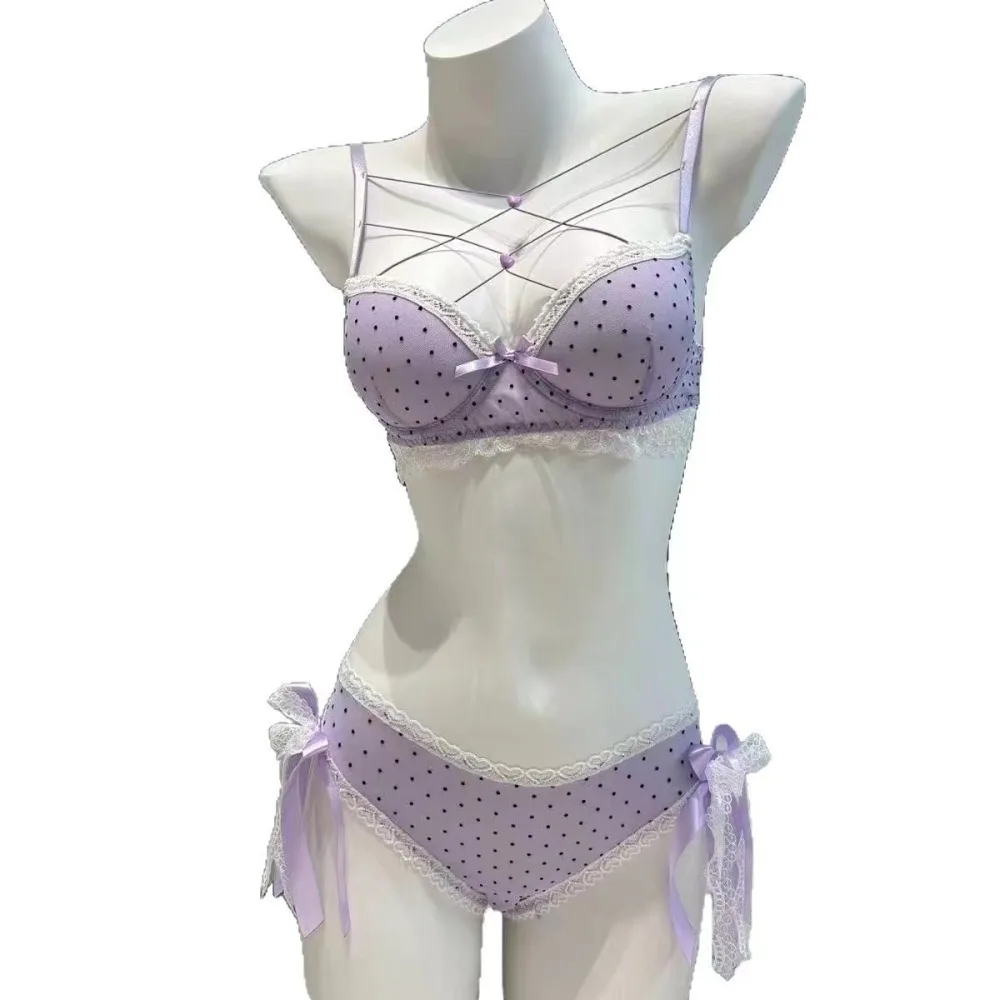

Beautiful Dots Lace Bra Set Bowknots Lace-up Bra Panties Set Intimates Sexy Push Up Bra Women Girl