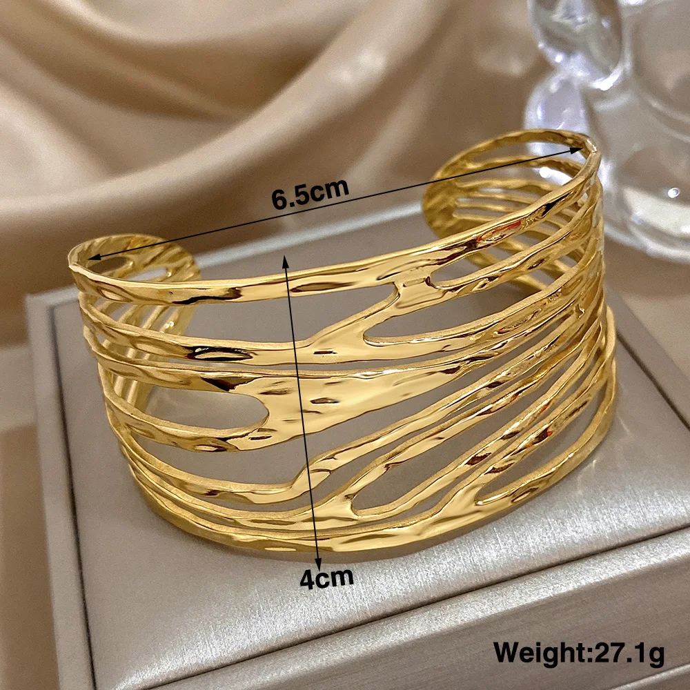 Irregular Geometric Hollow Stainless Steel Cuff Bracelet Exaggerated Gold Silver Color Wide Open Bangles Waterproof Jewelry