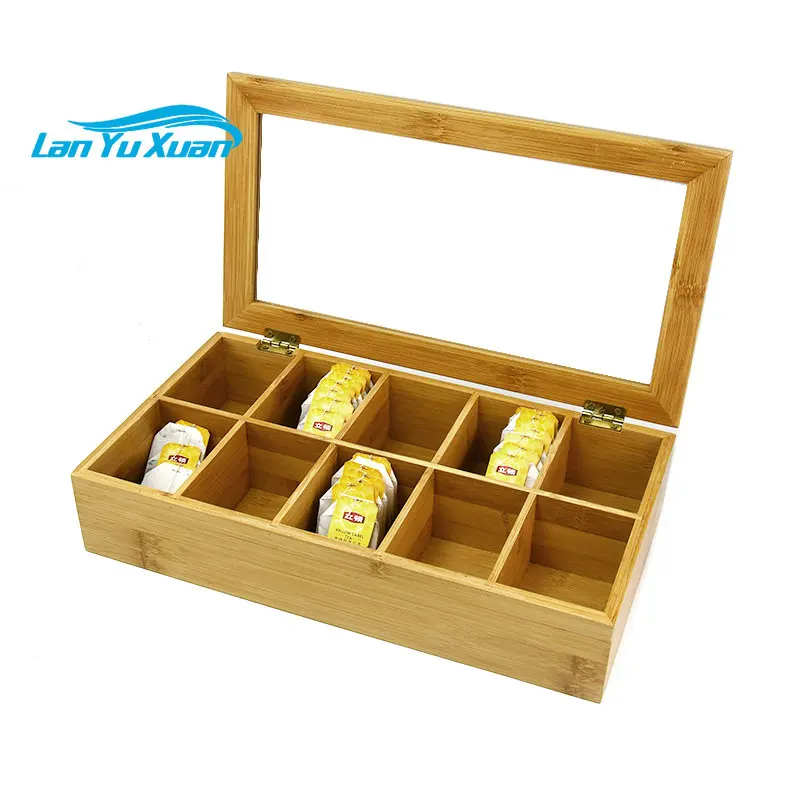 8-Compartment kitchen storage natural bamboo Tea Box with clear Lid