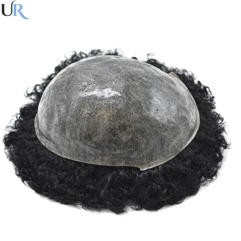 Afro Curly Toupee For Men Durable Full Skin Hair Systems Unit for Black Men PU Male Hair Prosthesis Wigs For Men Human Hair