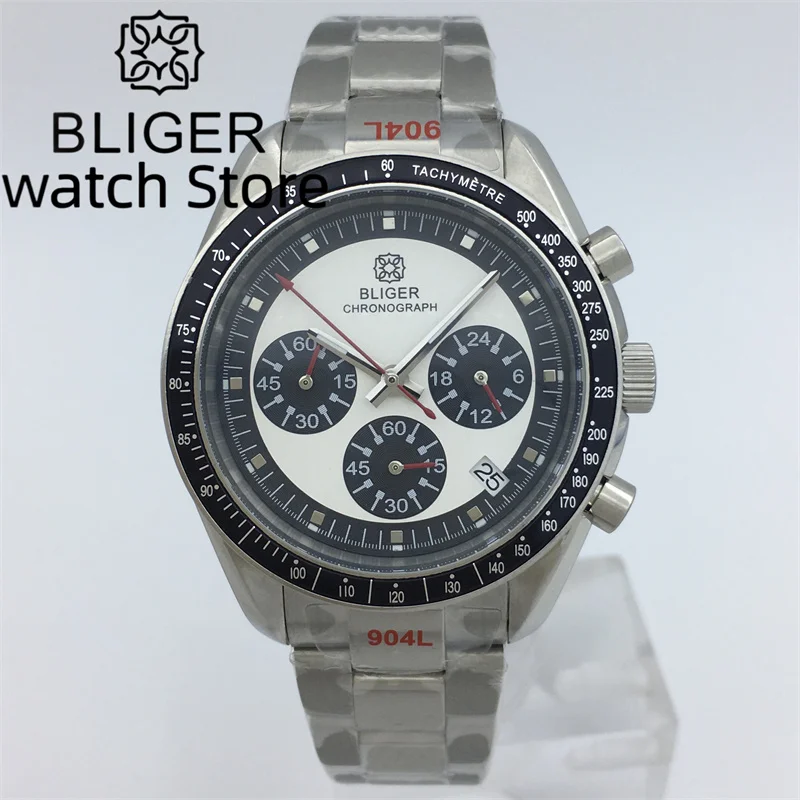 BLIGER 40mm Speed Chronograph Quartz Watch For Men VK63 Movement Automatic Date Stainless Steel Bracelet