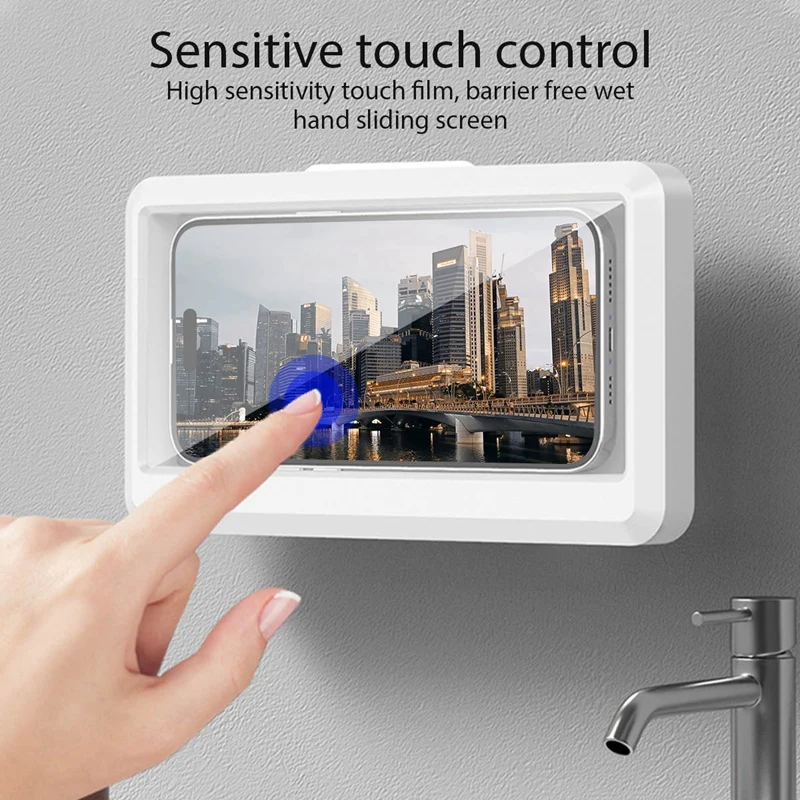 Bathroom Mobile Phone Holder Waterproof Touchable Case Wall Mounted Kitchen Toilet Smartphone Storage Box Stand, White Plastic