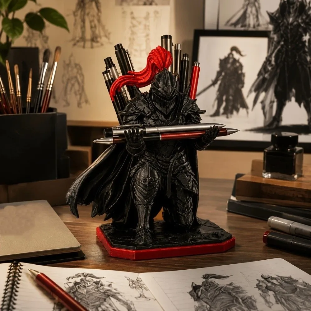 Plastic Kneeling Knight Pen Holder Statue Novelty Gift 3D Printed Medieval Warrior Desk Pen Stand Red Plume Pen Display Holder