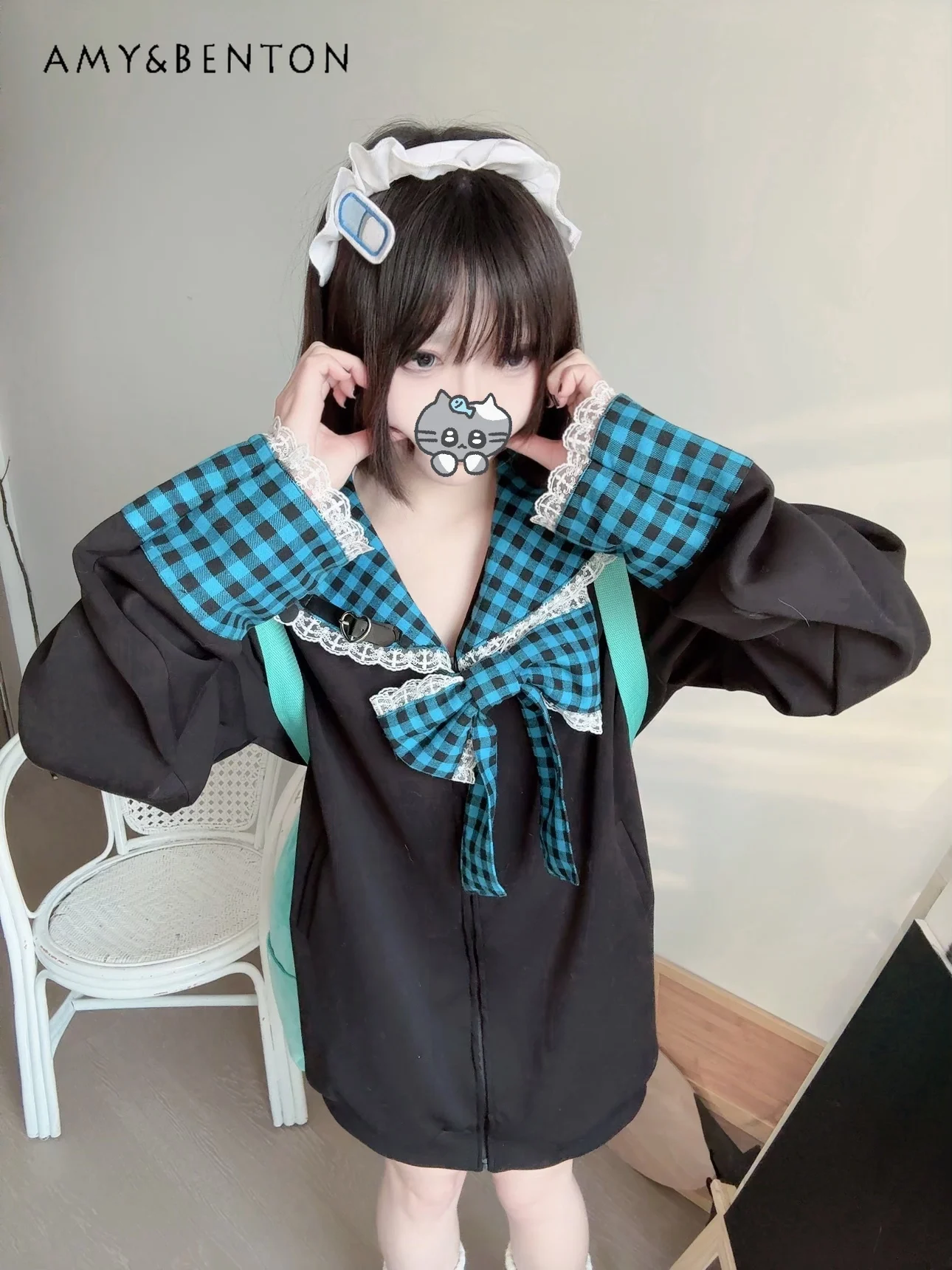 Navy Collar Sweatshirt Sweet Cool Girl Contrasting Color Zipper Hoodies Japanese Two-dimensional Cute Oversized Top Subculture