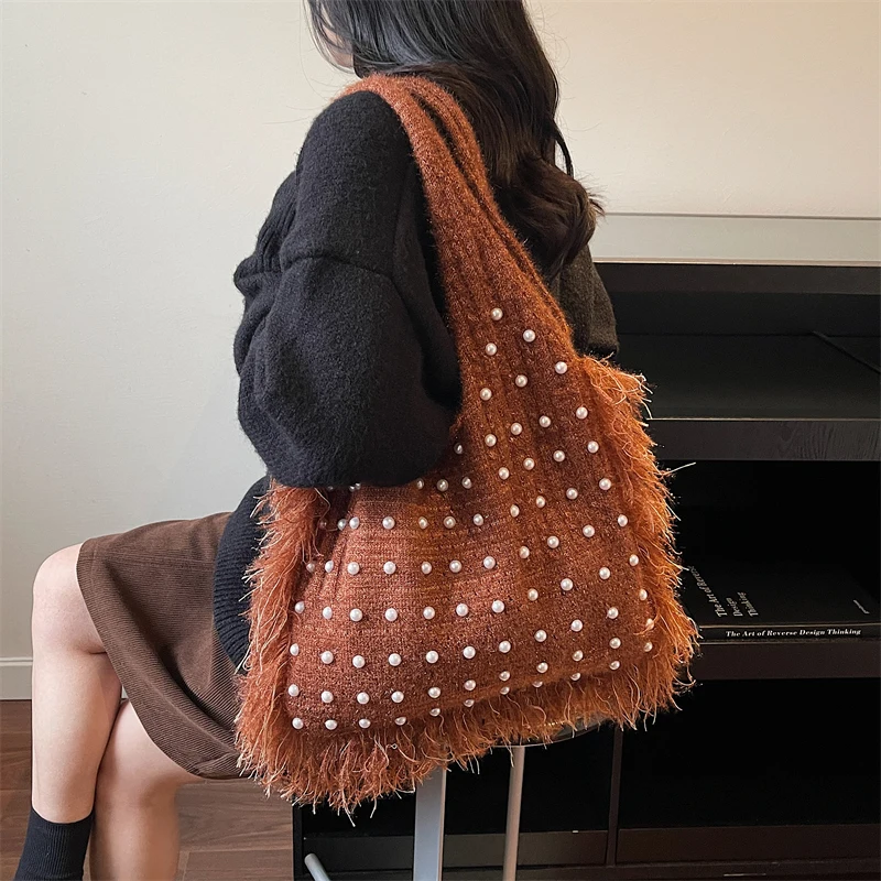 

Портативная многоразовая сумка для покупок большой емкости, женская простая шерстяная вязаная сумка, роскошная сумка на плечо с жемчужными шипами