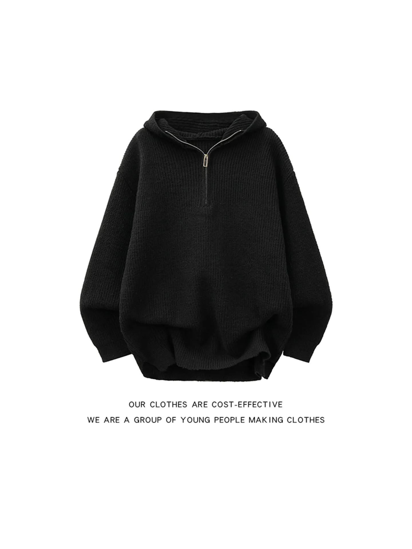 

Thiened Hooded f-Zip Knitted Sweater Men's American Retro Loose Casual Pure Color Knitwear for Autumn Winter