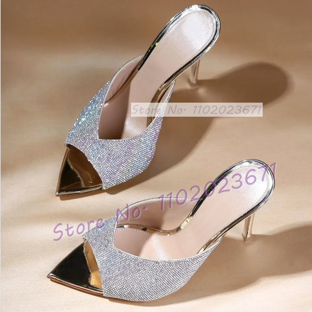 Sparkly Crystal Gold Pointed Toe Mules Woman Mirrored Leather High Heels Shoes Sexy Ladies Casual Outdoor Stiletto Slippers