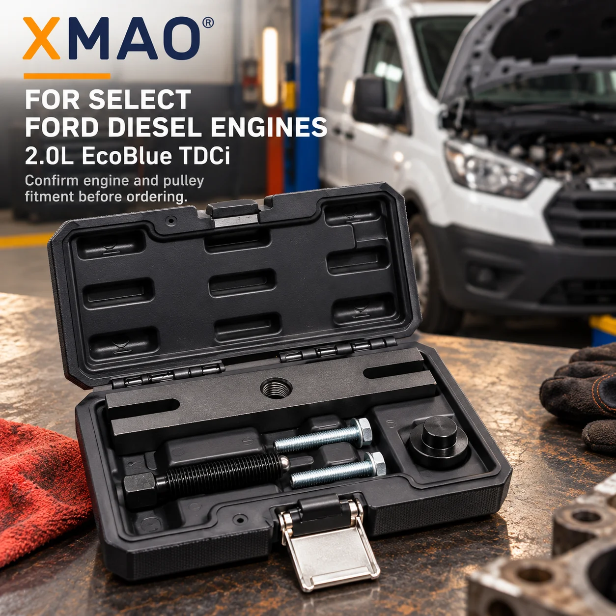 XMAO Crankshaft Pulley Removal Tool Kit for Ford 2.0L EcoBlue TDCi Diesel Engines with Threaded Spindle and Storage Case