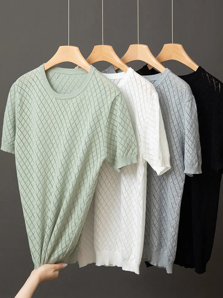 100% cotton hollow short-sleeved t-shirt thin casual trend summer new versatile half-sleeved crew neck t-shirt