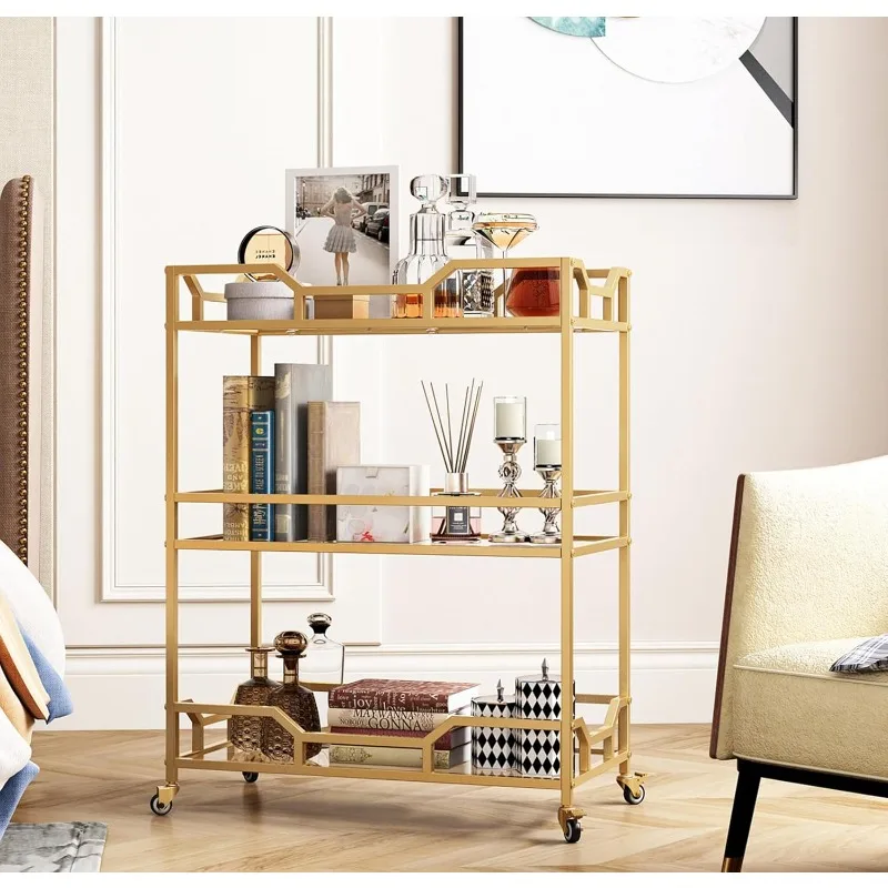 

Gold Bar Carts with 3 Tier Storage Glass Shelves Holder Home Serving Bar Carts on Wheels for Kitchen, Bar, Dinning Room