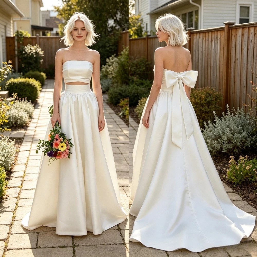 Customized 2026 Two-piece Strapless Satin Wedding Dress New Strapless Top and Flowing Skirt for Brides Suitable for Outdoor Wear
