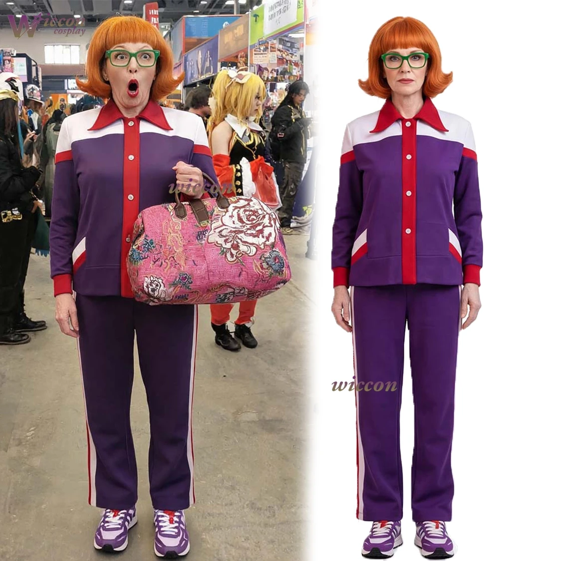 Nuevo conjunto de chándal morado estilo hippie disco de los años 80 y 90 y traje rojo, disfraz retro de Halloween para Gladys