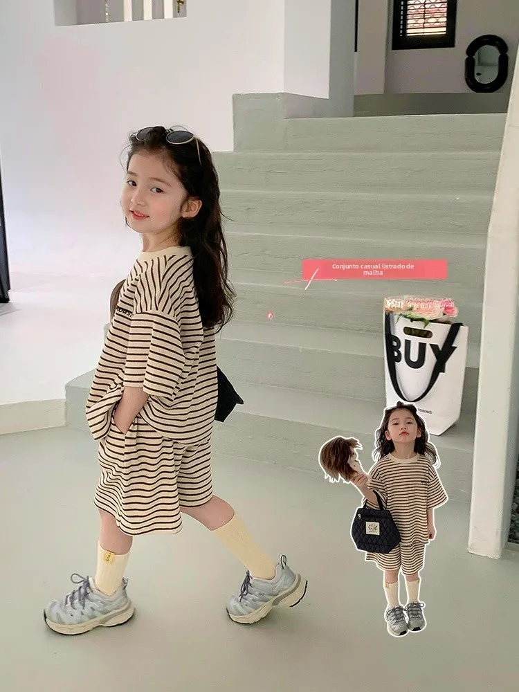 ensemble-deux-pieces-a-rayures-sportives-pour-filles-manches-courtes-vetements-decontractes-d'ete-pour-enfants-style-coreen-tissu-en-polyester-cadeau-pour-enfants