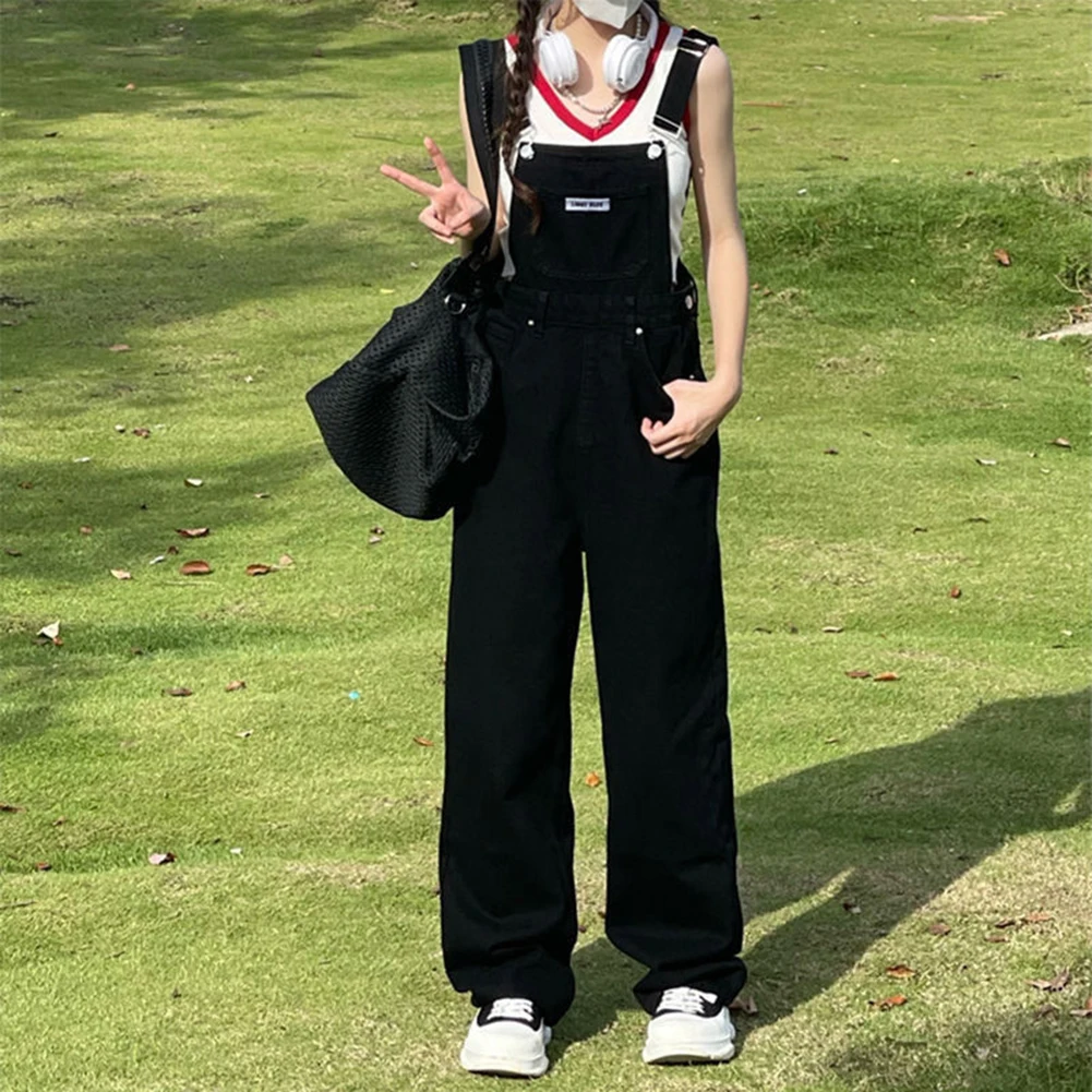 Bib overall sabuk wanita overall celana gaya Preppy Retro warna Solid pakaian kerja Y2K hitam gaya kuliah nyaman