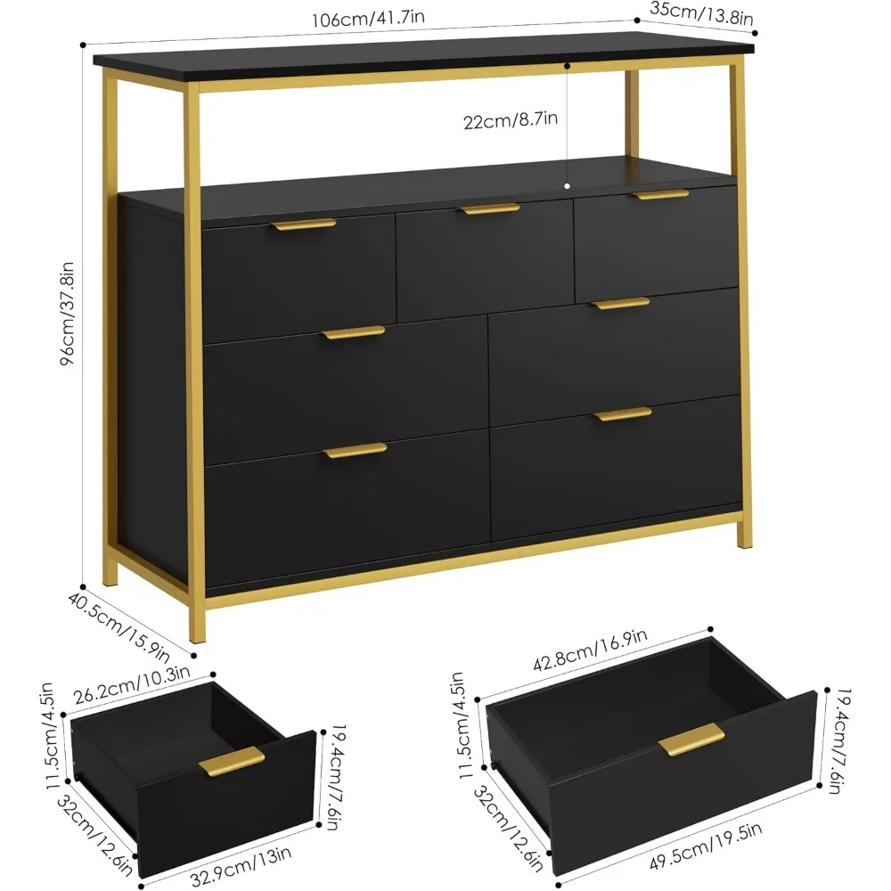 خزانة سوداء واسعة ذات 7 أدراج مع مقابض معدنية حديثة لتخزين كافية