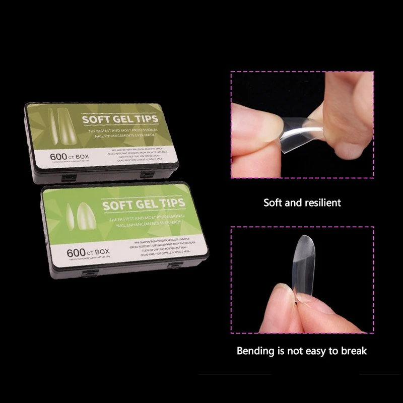 600PCS/Box Soft Gel Nail Tips Supplies,Full Cover False Nail Tips For Acrylic Nails Gel,Almond Nail Tip