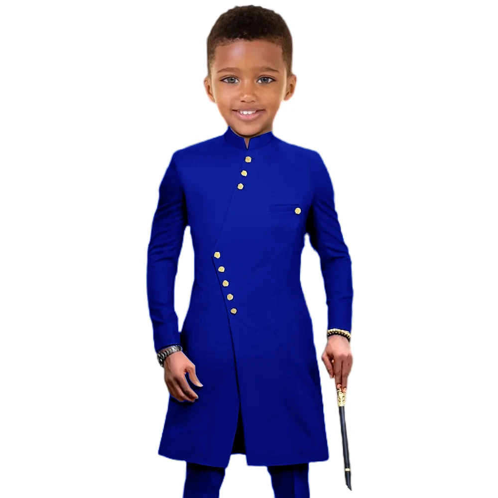 Black Suit for Boys Wedding Tuxedo Indian Style Stand Collar 2 Pieces Long Jacket Kids Fashion Party Dress Child Clothes