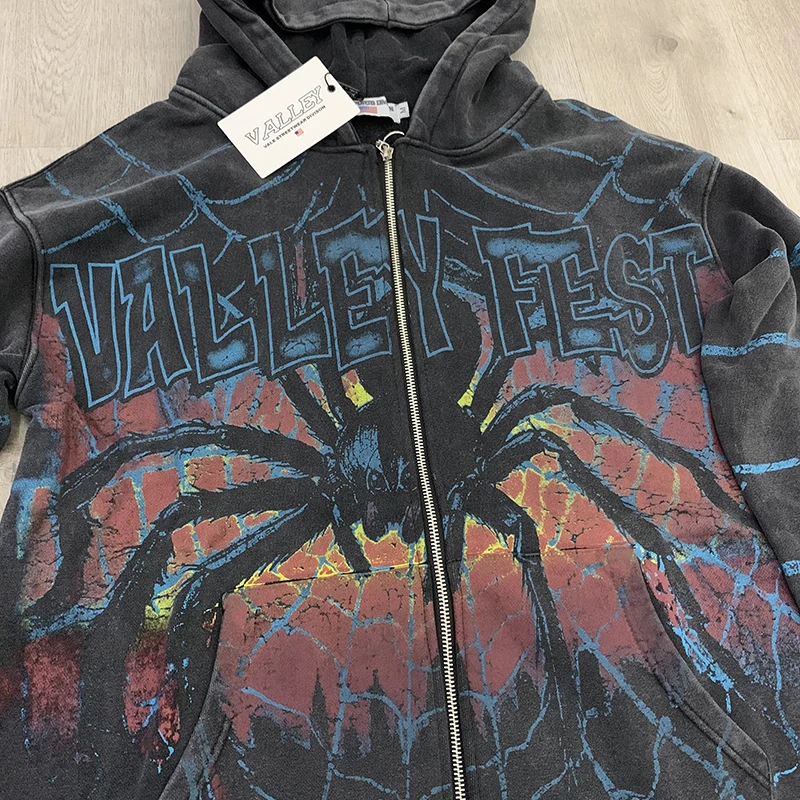 المتضخم نوعية جيدة VALE الأزياء مقنعين الستر الرجال النساء غسلها الأسود العنكبوت ويب الطباعة وادي الرمز البريدي هوديي