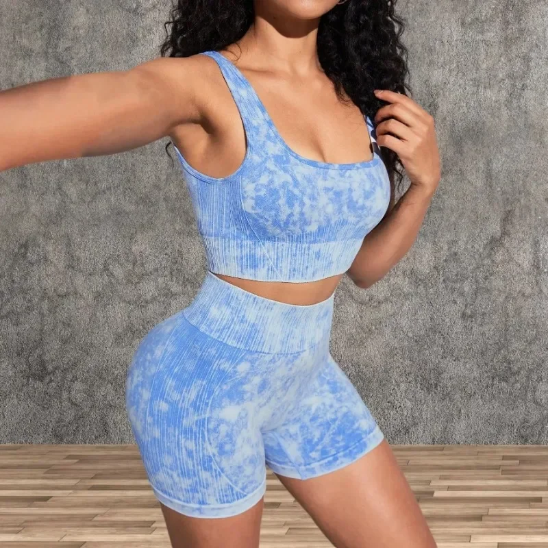 

Seamless Tie-Dye Yoga Set Women High Waist Running Shorts & Shockproof Sports Bra Quick Drying Fitness Training 2-Pcs Suit