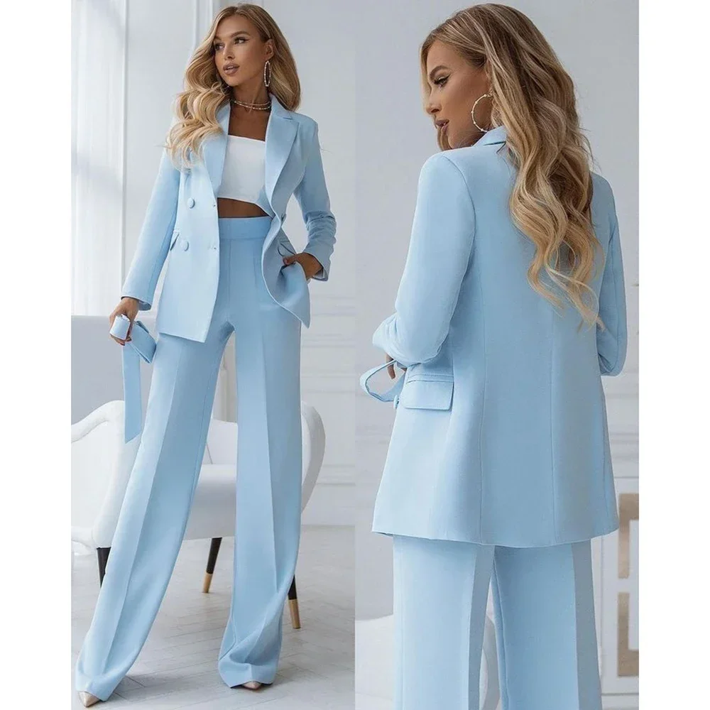 

Fashion Peak Lapel Double Breasted Pants Sets Sky Blue Basics Casual Formal Office Lady 2 Piece Blazer with Full Length Pants