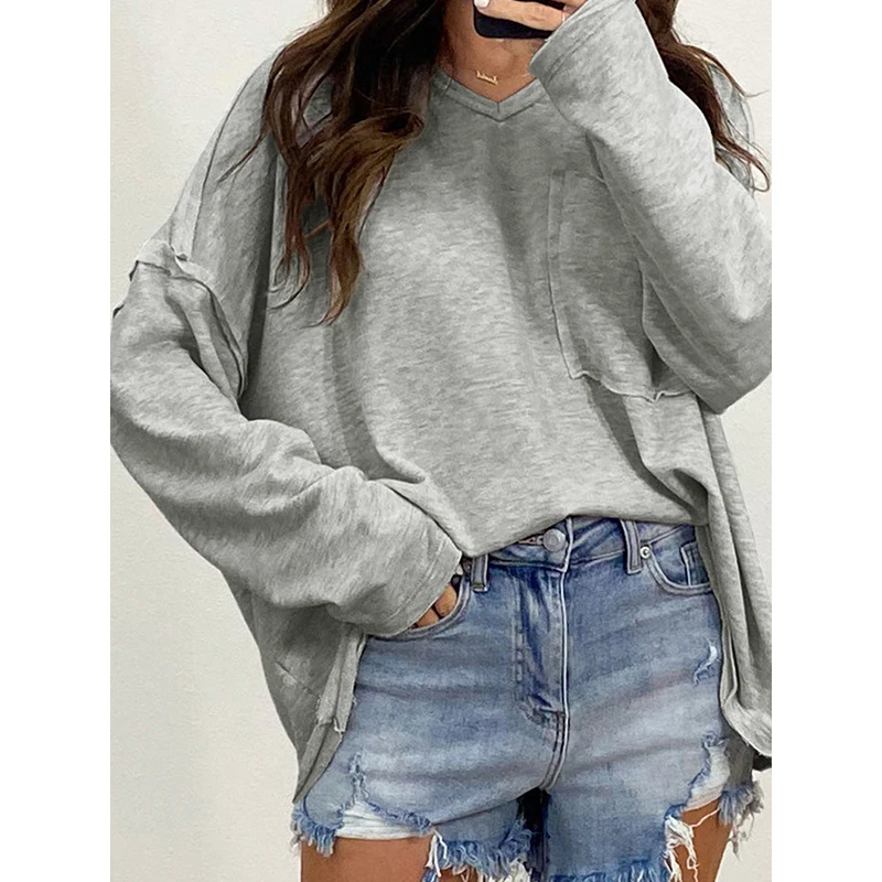 

Krisnanas New 2024 Long Sleeves Loose Pockets Solid Color Split-Joint Round-Neck T-Shirts Tops for Autumn Women Top