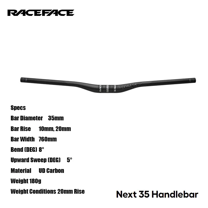 RACEFACE Next 35 Handlebar 35mm BARBORE 760mm Bar Width UD Carbon Material 10mm, 20mm Bar Rise