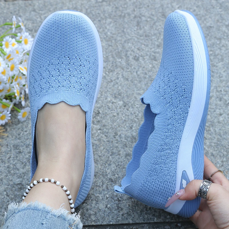 Women's Knit Slip-On Casual Sneakers, Breathable Scallop Trim Lightweight Comfort Walking Shoes, Free Shipping