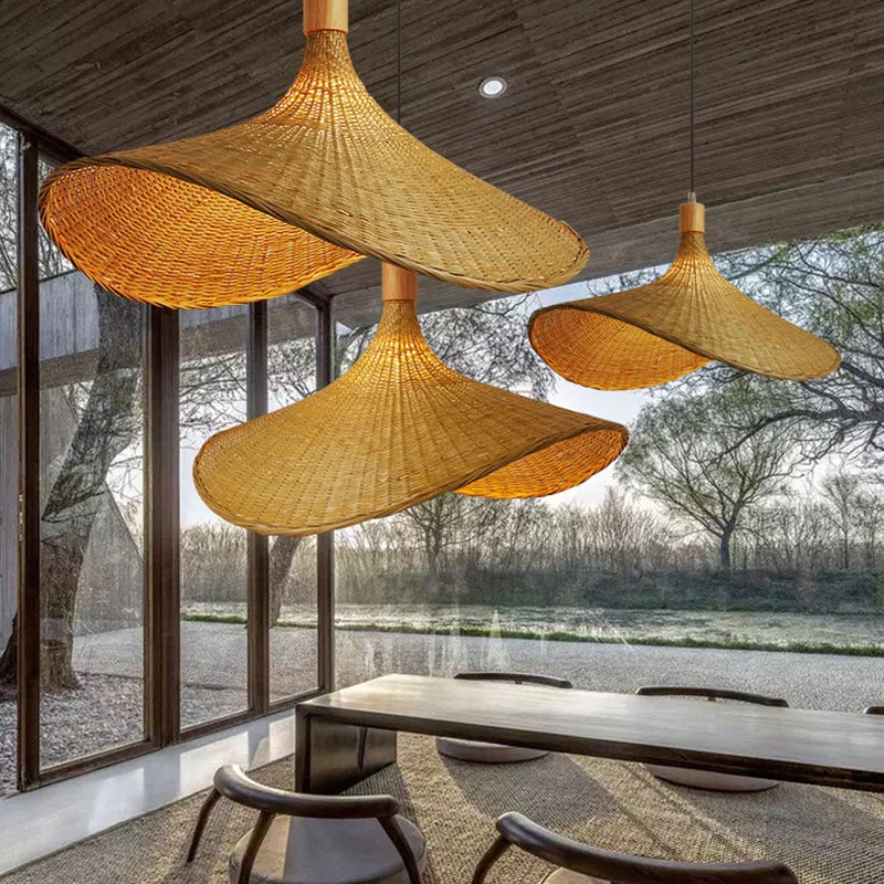 

SGROW Hand Make Bamboo Wicker Led Pendant Light Ceiling Vintage Hanging Lamp Rattan for Dining Room chandelier Suspension Design