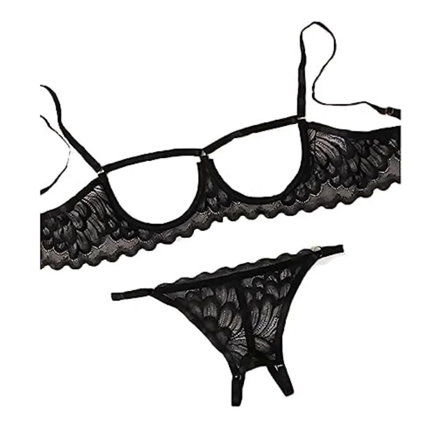 

Sexy Lingerie Sheer Bra and Panties Set Floral Lace Mesh Babydoll 2 Pcs Underwire Bralette Strappy G-String