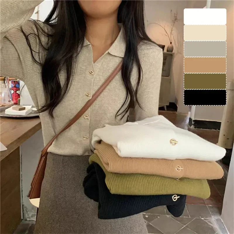 

Spring Autumn Women'S V Neck Sweater Cardigan Korean Long Sleeve Blouse Elegant Solid Single Breasted Knit Cropped Tops