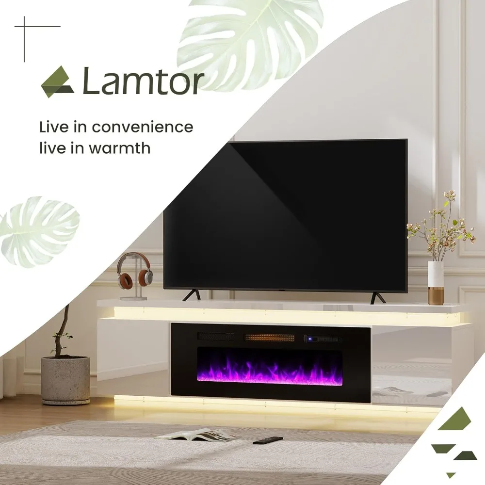 مركز ترفيهي لـ 85 تلفزيونًا مع 40 مدفأة مدمجة ومصابيح LED، يتميز بـ 4 منافذ طاقة تيار متردد