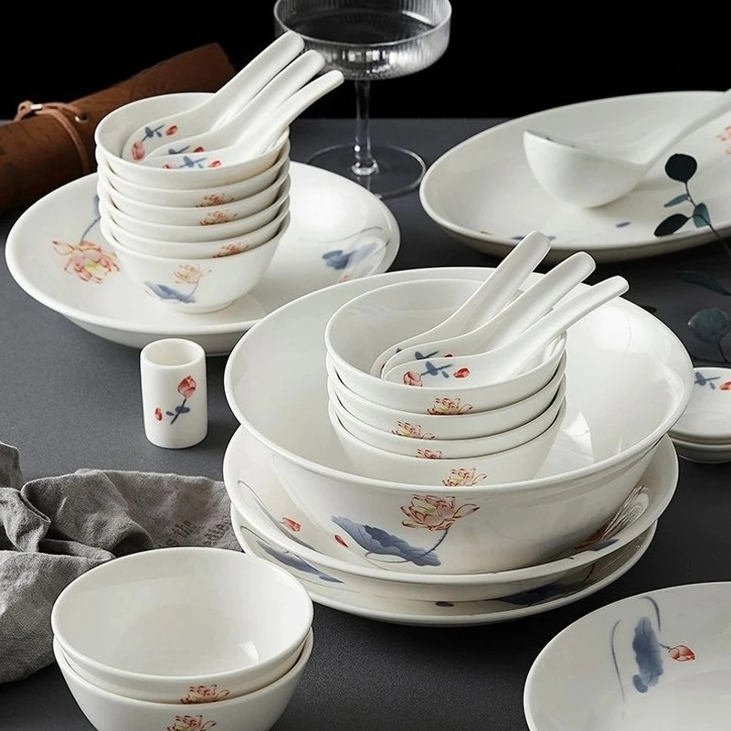 Chinese Heyun new bone china tableware set, rice bowl soup plate fish plate