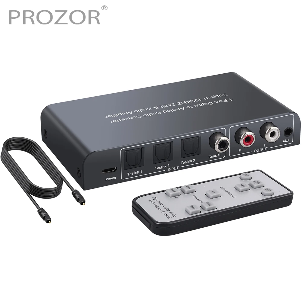 PROZOR DAC Audio Converter Adapter 1 / 3 Optical SPDIF Toslink + Coaxial Switch to Stereo L/R RCA 3.5mm Volume Control IR Remote