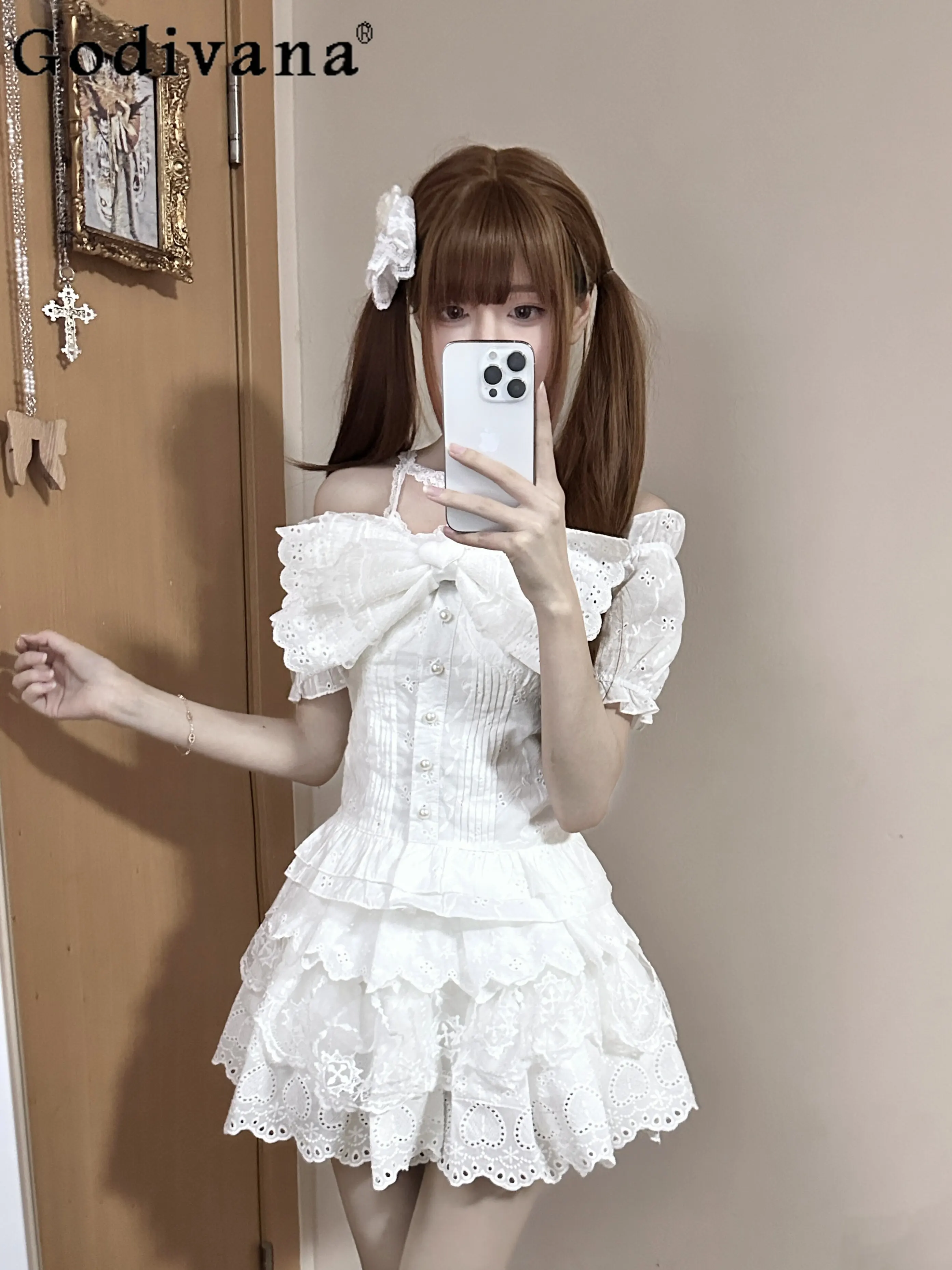 

Japanese Y2K Sweet Girl's Skirt Set Summer New 2026 Kawaii Clothing Women's Slimming Big Bow Halterneck Top Skirt 2-piece Set