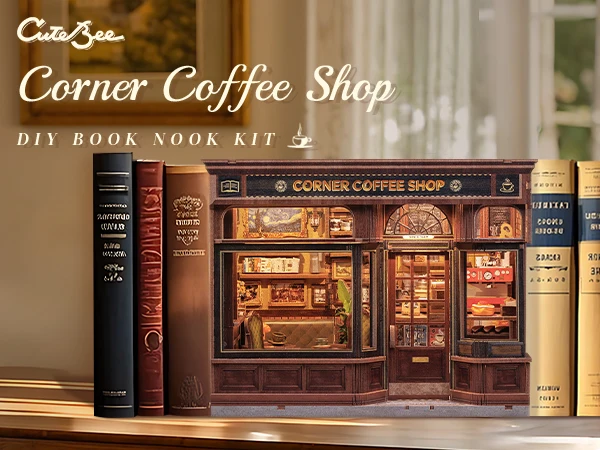 Original CUTEBEE 22cm Book Nook Kit DIY Miniature House Coffee Shop Dollhouse Book Nook Kit 3D Wooden Puzzles for Adults Corner Coffee Shop Booknook Tiny House Bookshelf Decor 3D Wooden Puzzle for Adults DIY Hbby Craft Gift book fans gift christmas decort