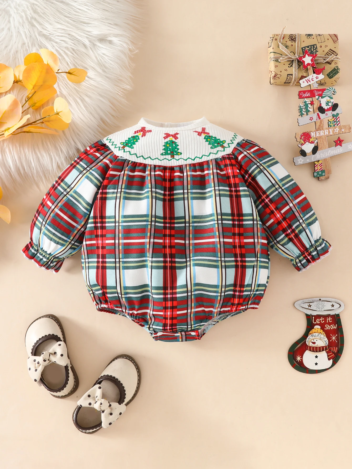 0-18 Months Newborn Baby Girl Christmas Party Fashion Casual Cute Plaid Christmas Tree Bow Print Doll Collar Spring & Fall Toddler Triangle Romper