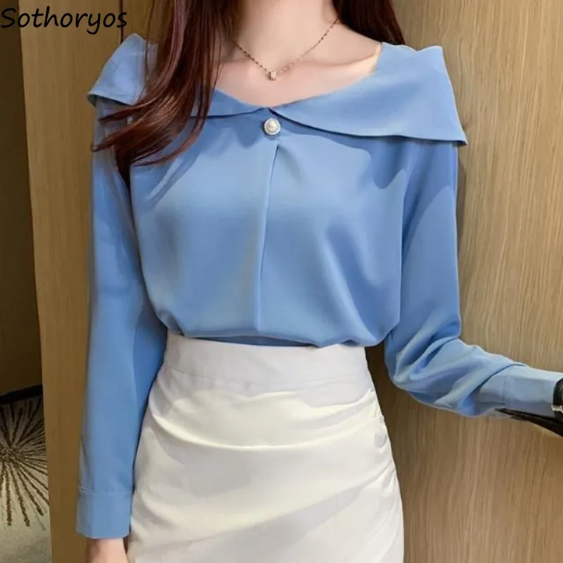 Blouses Women Solid Pearl Special Charming Elegant Popular Designed Korean Style Office Lady Seductive Simple Leisure All-match