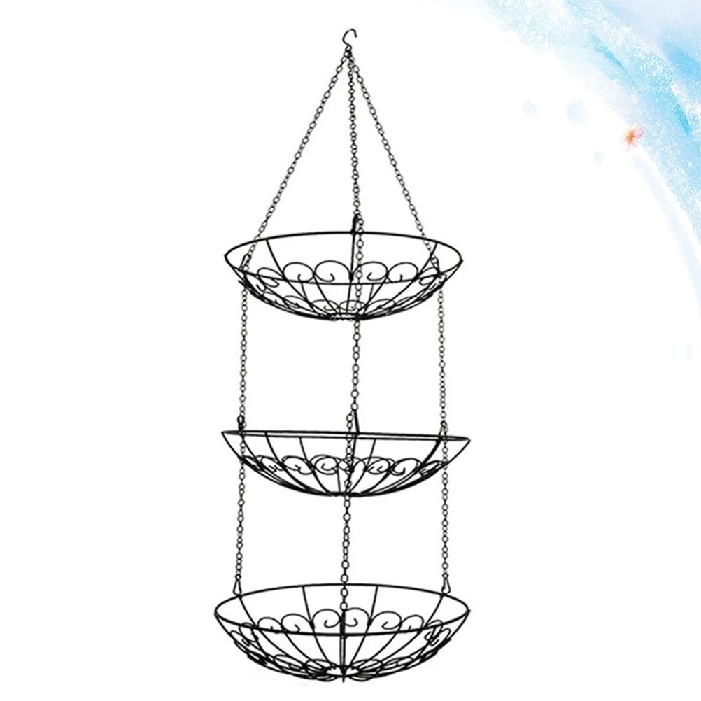 

3-Tier Iron Hanging Fruit Basket For Kitchen Vegetable Storage Rack Black Metal Wire Basket With Rotating Hook