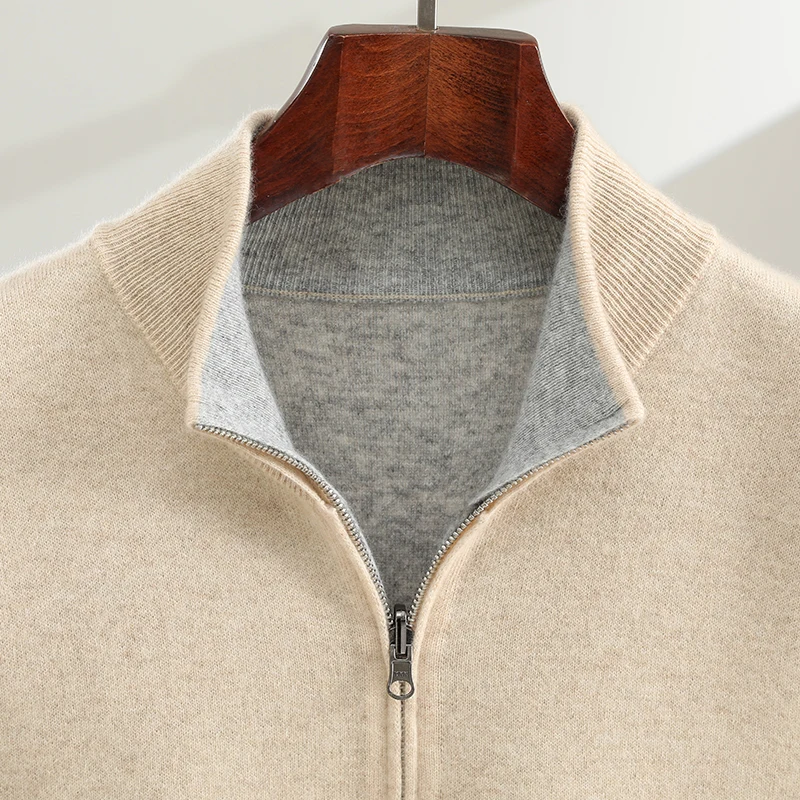 เสื้อคาร์ดิแกนแคชเมียร์สองสีแบบคลาสสิกสำหรับผู้ชาย ฤดูหนาว แขนยาว ถักแบบมีซิป คอตั้ง เสื้อสเวตเตอร์คุณภาพสูง