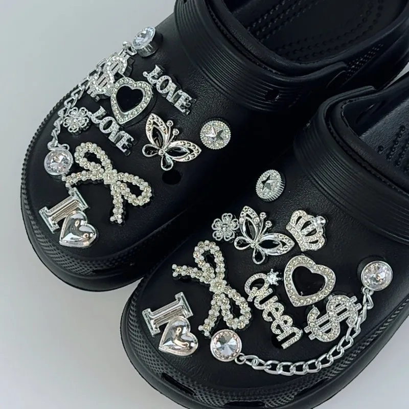 20PCS Luxury Shoe Charms Set Accessories Hole Shoe Buckle Silver Rhinestone Butterfly Letter Chain DIY Shoes Decorations Gift