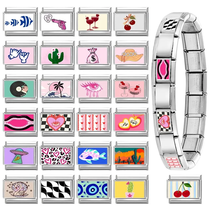 New Y2K Design Pink Heart Leopard  CD Lips Hat Italian Charm Links Fit 9mm Stainless Steel Bracelet Women Men DIY Making Gift