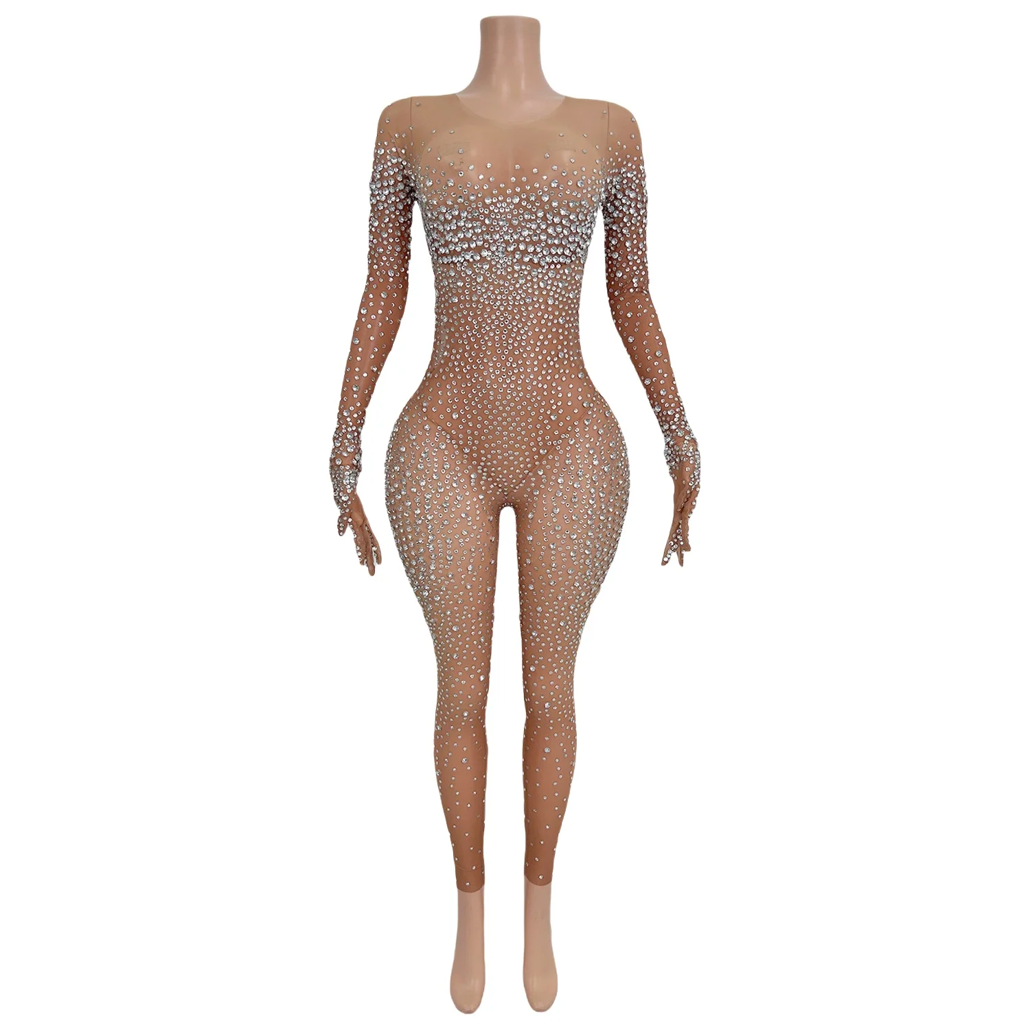 Sparkly Rhinestones Sheer Mesh Jumpsuit Gloves Women Sexy Performance Dance Costume Nightclub Stage Show Jumpsuit Tiaotiaotang
