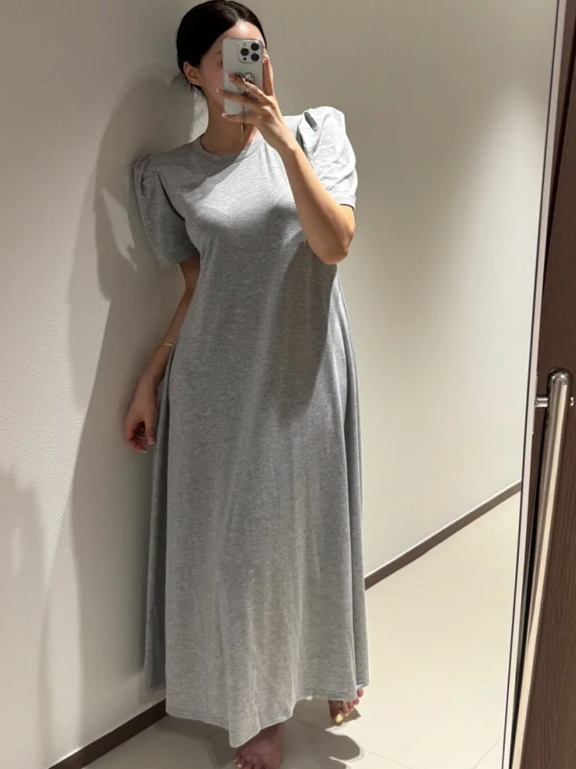 Chic rond Ne Bubble Sve Dr T-shirt ample amincissant simple trapèze pour femme Long Dr coton taille haute été Ci Com...