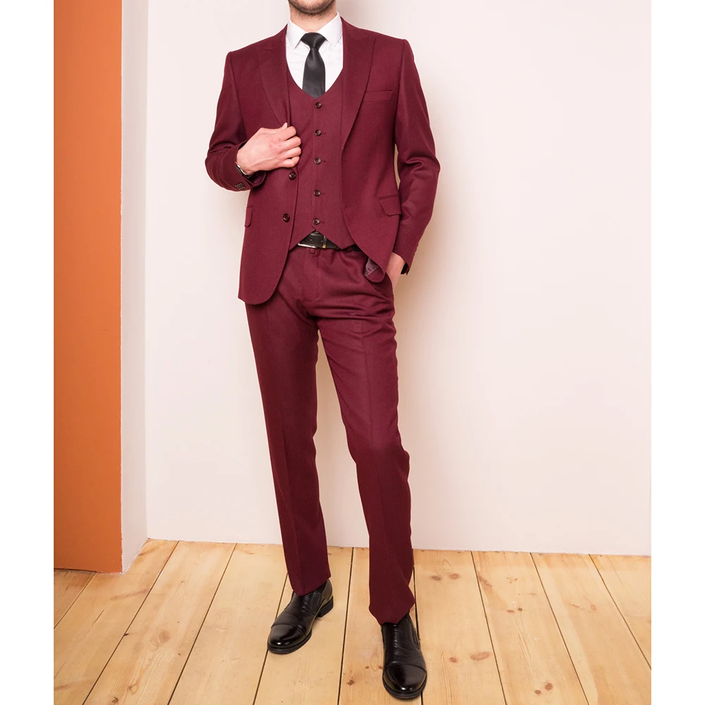 Crimson Suits for Men Fashion Solid Color Male Suit Slim Fit Casual 3 Piece Set Business Groom Wedding Tuxedo Blazer with Pants