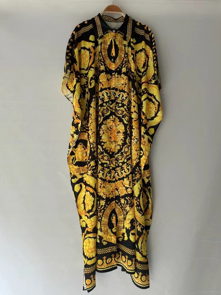 Designer Retro Geometrischer Druck Revers Einreihiges Fledermausärmel-Kleid Sommer Damen Neue Mode Lose Übergrößen Hemdkleid