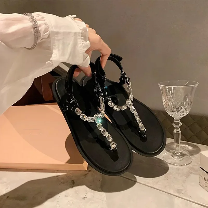 

Sparkling rhinestone Roman style flat bottom knot versatile toe clip on flip flops sandals for women summer style