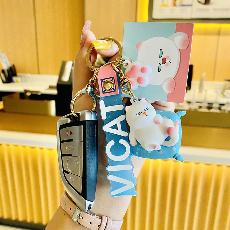 Cartoon Big Fat Cat Doll Keychain Female Delicate Cute White Cat Couple Boy Girls Schoolbag Decoration Charm Car Key Charms Gift