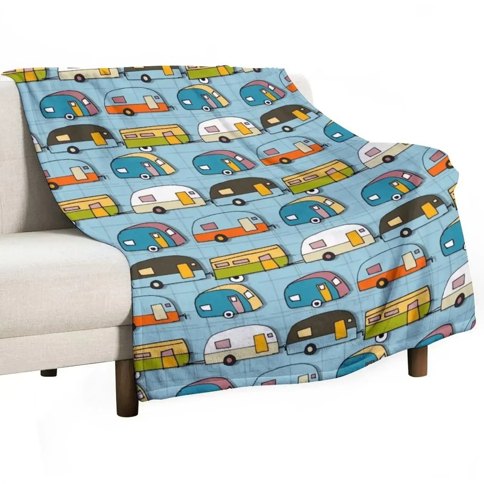 Retro Campers Blue #Midcenturymodern Throw Blanket Bed covers Single Flannel Large Plaid on the sofa Luxury St Blankets